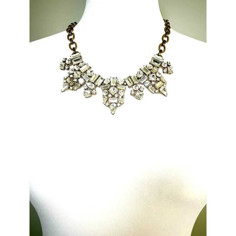 Vintage J. Crew Gold Tone Crystal Cluster Statement Necklace EUC